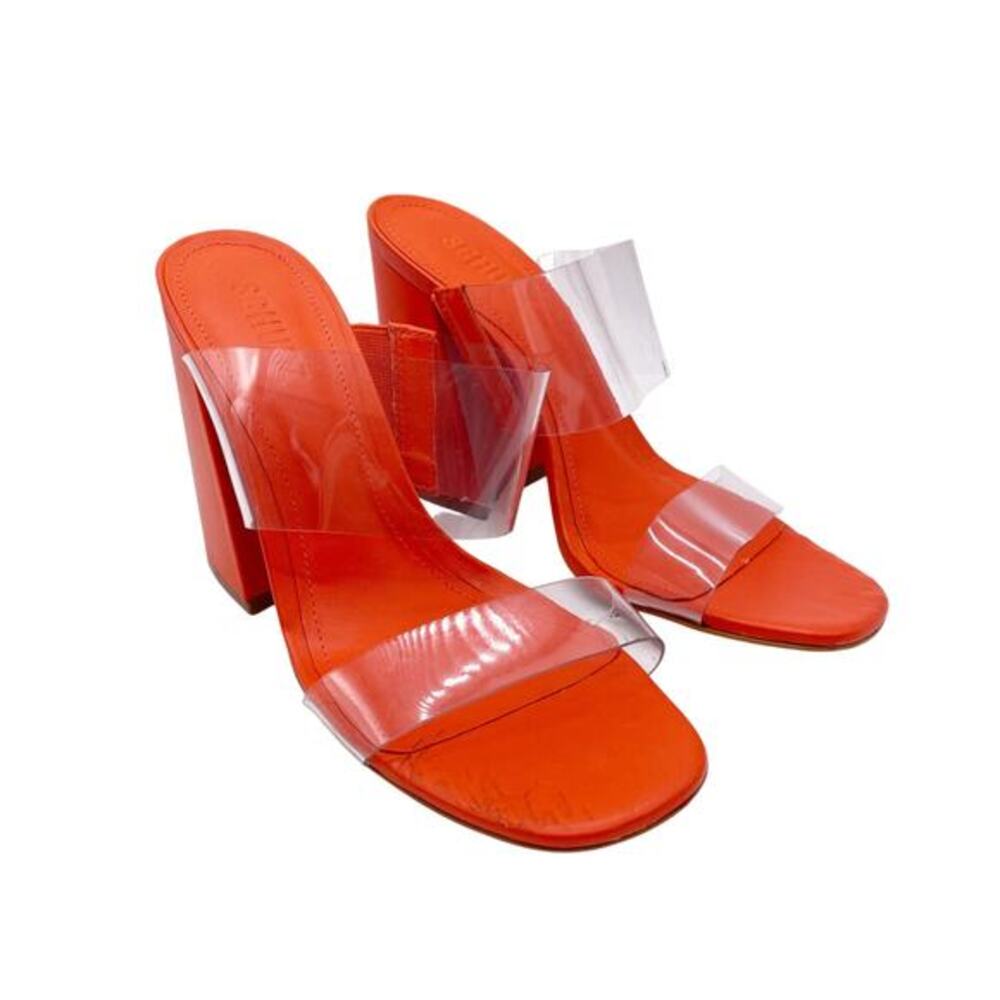 Schutz Women's Victorie High Block Leather Clear Strap Sandals Orange Size 7.5B‎